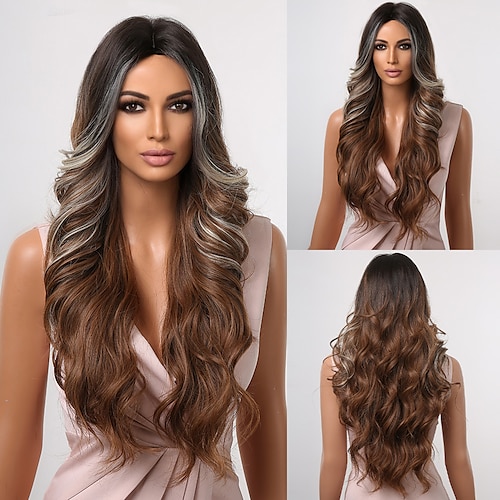 

HAIRCUEB Ombre Brown Wig with Dark Roots Long Wavy Synthetic Wigs for Women Daily