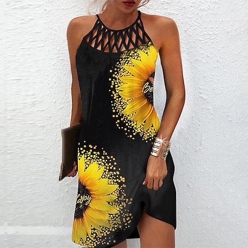 

Women's T Shirt Dress Tee Dress A Line Dress Short Mini Dress Black Orange Sleeveless Floral Geometric Cut Out Print Spring Summer Halter Neck Casual Romantic Modern Slim 2022 S M L XL / Casual Dress
