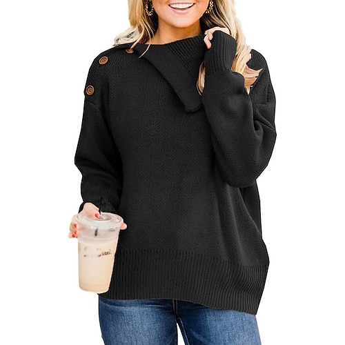 

Women's Pullover Sweater Jumper Crochet Knit Knitted Button Pure Color Shirt Collar Stylish Casual Daily Going out Fall Winter Black S M L / Long Sleeve
