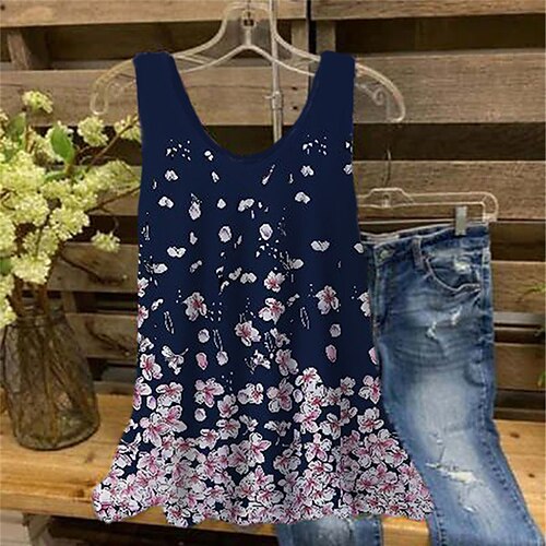 

Women's Plus Size Tops Tank Top Floral Leaf Print Sleeveless V Neck Streetwear Daily Holiday Cotton Spandex Jersey Spring Summer Gray Purple