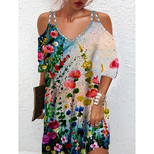 

Women's Casual Dress A Line Dress Short Mini Dress Rainbow 3/4 Length Sleeve Floral Sequins Cold Shoulder Print Fall Spring Spaghetti Strap Casual Fashion 2022 S M L XL XXL 3XL
