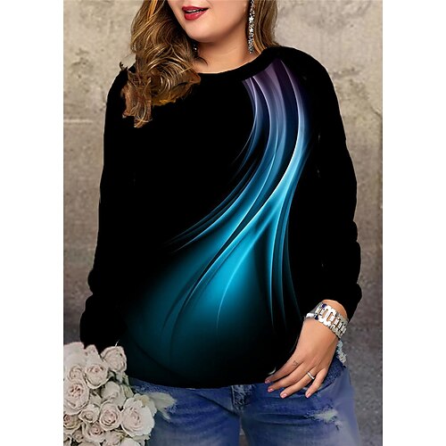 

Women's Plus Size Tops Pullover Sweatshirt Color Gradient Print Long Sleeve Round Neck Streetwear Daily Vacation Polyester Fall Winter Blue