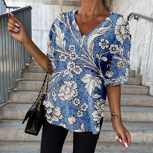 

Women's T shirt Tee Floral Casual Holiday Weekend Floral Painting T shirt Tee Short Sleeve Print V Neck Basic Blue S / 3D Print