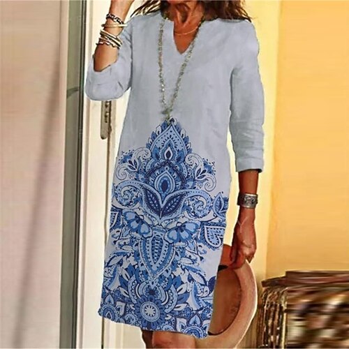 

Women's Casual Dress Shift Dress Knee Length Dress Green Blue Half Sleeve Floral Print Fall Winter V Neck Elegant Casual 2022 S M L XL XXL 3XL