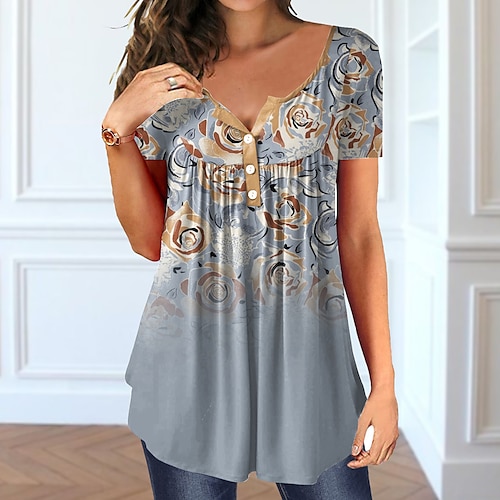 

Women's T shirt Tee Tunic Green Khaki Gray Floral Button Flowing tunic Short Sleeve Casual Weekend Basic V Neck Long Floral Painting S / Print