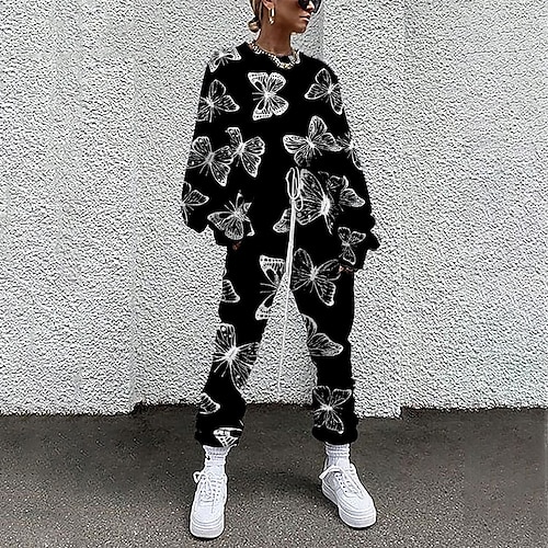 

Women's Sweatshirt Tracksuit Pants Sets Active Streetwear Blue Orange Sports Outdoor Casual Floral Butterfly Drawstring Print Crew Neck S M L XL XXL