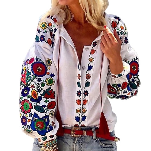 

Women's Blouse Flower Daily Weekend Bohemian Theme Blouse Shirt Long Sleeve Print V Neck Casual White S
