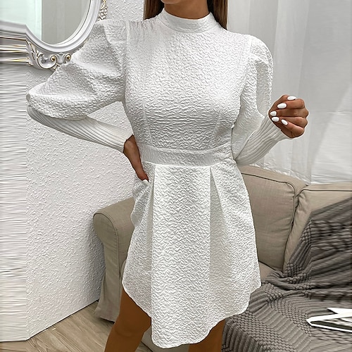 

Women's A Line Dress Sheath Dress Short Mini Dress White Long Sleeve Pure Color Ruched Zipper Patchwork Fall Winter Round Neck Fashion Modern Puff Sleeve 2022 S M L