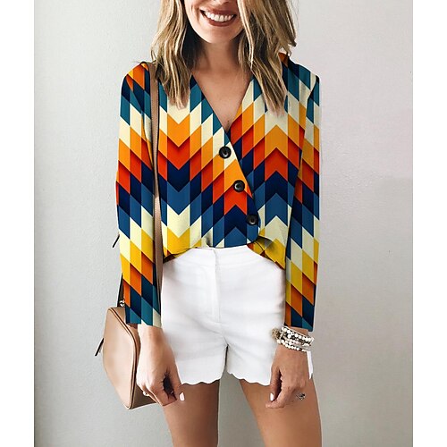 

Women's Blouse Geometric Daily Weekend Geometric Blouse Shirt Long Sleeve Button Print V Neck Casual Streetwear Orange S / 3D Print