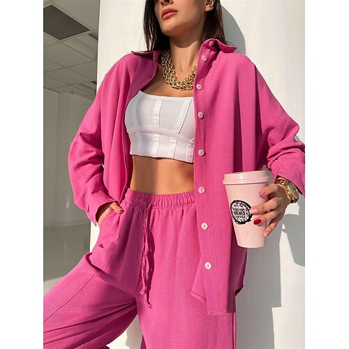 

2022 spring new european and american cross-border casual suit solid color lapel long-sleeved shirt top harem pants two-piece set