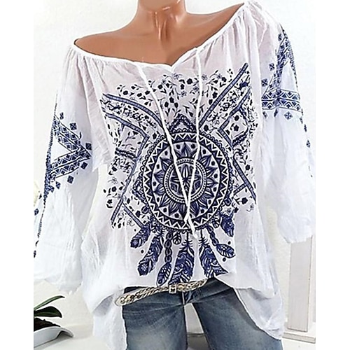 

Women's Plus Size Tops Blouse Graphic Ruched Print Long Sleeve Off Shoulder Festival Daily Vacation Polyester Fall Winter White