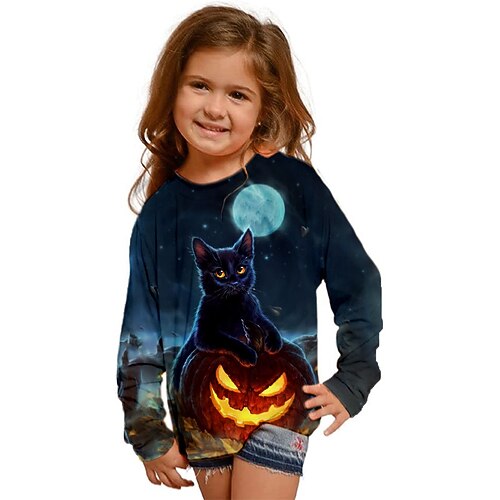 

Kids Girls' Halloween T shirt Animal Outdoor 3D Print Long Sleeve Active 3-12 Years Winter Blue