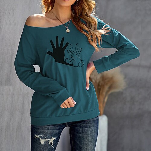 

Women's Sweatshirt Pullover Active Streetwear Print Green Gray Orange Rabbit Hand Daily One Shoulder Long Sleeve S M L XL XXL