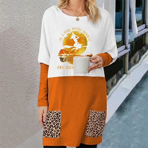 

camiseta feminina vestido de halloween vestido de mudança de camiseta vestido curto branco cinza laranja cinza claro marrom manga longa leopardo abóbora aranha bolso patchwork outono inverno gola
