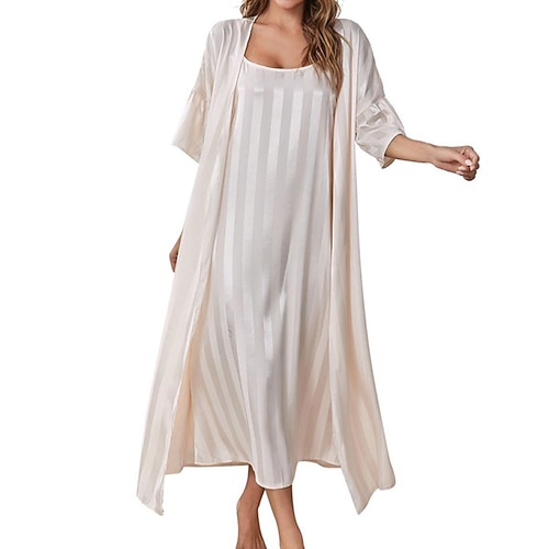 

Women's Pajamas Robes Gown Nightgown Sets 2 Pieces Stripe Comfort Home Satin Straps Half Sleeve Fall Spring Beige / Silk / Pjs