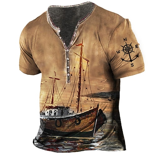 

Men's T shirt Tee Henley Shirt Tee Graphic Henley White Light Brown Brown Coffee Short Sleeve 3D Print Sailboat Plus Size Outdoor Daily Button-Down Print Tops Basic Designer Casual Big and Tall
