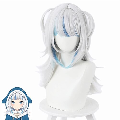 

Hololive Gawr Gura Wigs Aadesso Hololive EN Anime Gawr Gura Cosplay Wig Blue Streak In Silver Hair With Bangs 2Ponytails Heat Resistant Synthetic Hair