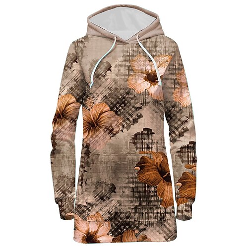 

Women's Pullover Hoodie Dress Floral Print Daily Weekend 3D Print Streetwear Long Clothing Apparel Hoodies Sweatshirts Khaki