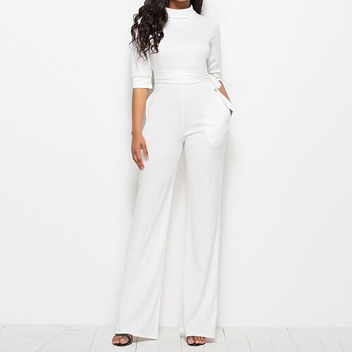 

Women's Jumpsuit High Waist Pocket Solid Color Stand Collar Elegant Street Daily Regular Fit Half Sleeve White Black Blue S M L Fall