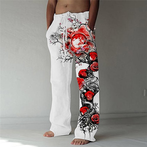 

Men's Trousers Beach Pants Pocket Drawstring Elastic Waist Rose Graphic Prints Comfort Breathable Casual Daily Holiday Streetwear Designer White / Elasticity