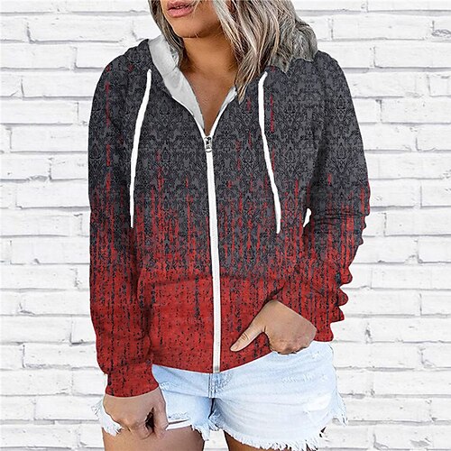 

Women's Plus Size Tops Hoodie Sweatshirt Color Gradient Zipper Print Long Sleeve Hooded Streetwear Daily Vacation Polyester Fall Winter Red / 3D Print