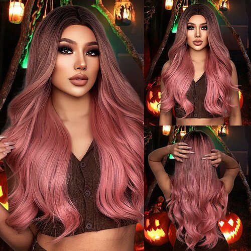 

HAIRCUBE Cosplay Wigs Ombre Pink Long Wavy Wigs for Women Middle Part Hair