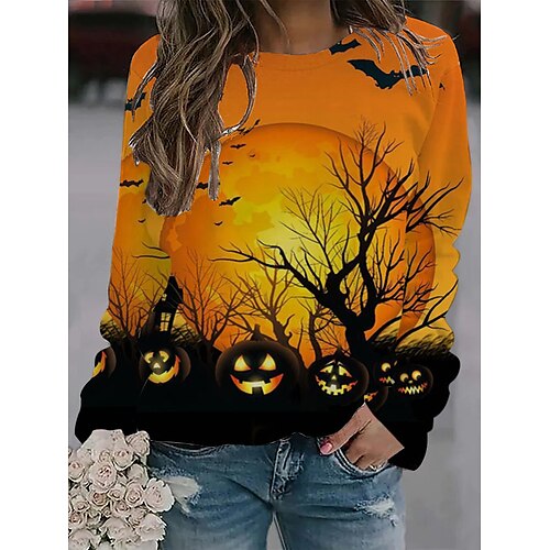 

Women's Sweatshirt Pullover Active Streetwear Print Orange Pumpkin Halloween Round Neck Long Sleeve S M L XL XXL 3XL