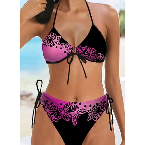 

Mulheres Roupa de Banho Biquíni 2 partes Normal roupa de banho Nadador Sem costas Estampado Flor Fúcsia Nadador Decote em V-wire Fatos de banho Sensual Férias Moda / Moderno / novo