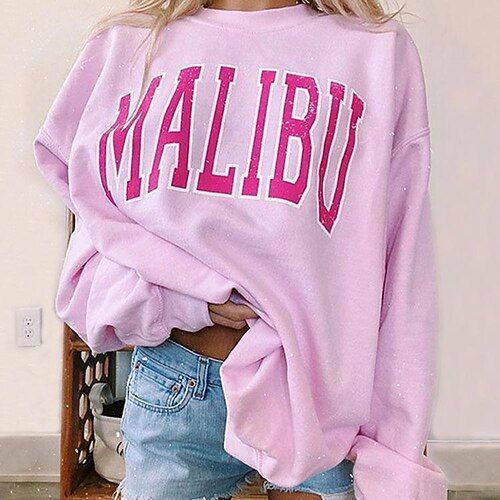 

Women's Sweatshirt Pullover Text Monograms Print Sports Weekend Hot Stamping Active Athletic Hoodies Sweatshirts Loose Fit Pink