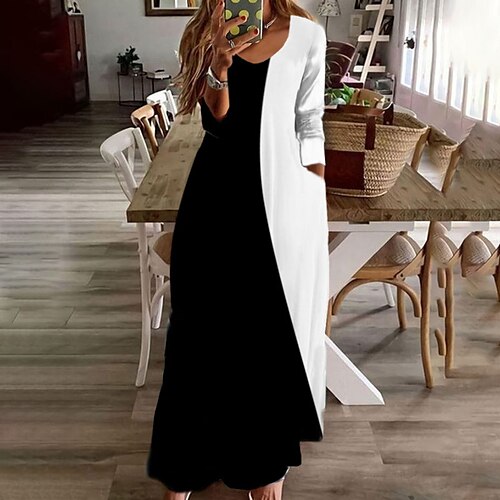 

Women's Casual Dress Shift Dress Long Dress Maxi Dress Black White Long Sleeve Polka Dot Patchwork Winter Fall V Neck Winter Dress Fall Dress 2022 XS S M L XL XXL 3XL 4XL 5XL 6XL