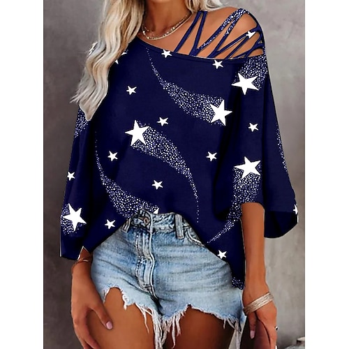 

Women's T shirt Tee Navy Blue Star Cold Shoulder Print 3/4 Length Sleeve Casual Weekend Basic Diagonal Neck Regular Geometric Painting S / 3D Print