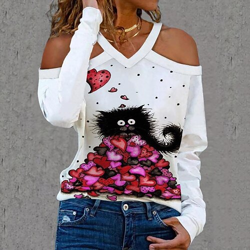 

Women's Blouse Graphic Casual Weekend Blouse Long Sleeve Print V Neck Basic White Black Blue S / 3D Print