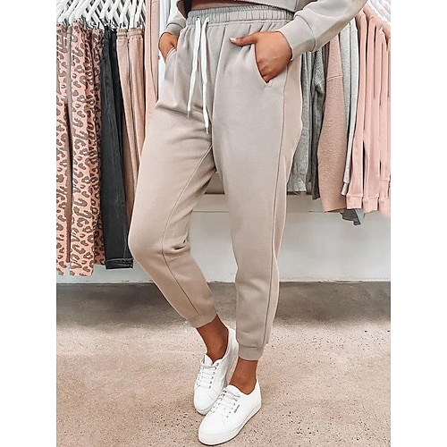 

Women's Joggers Pants Solid Color Full Length Loose Fit Khaki Mid Waist