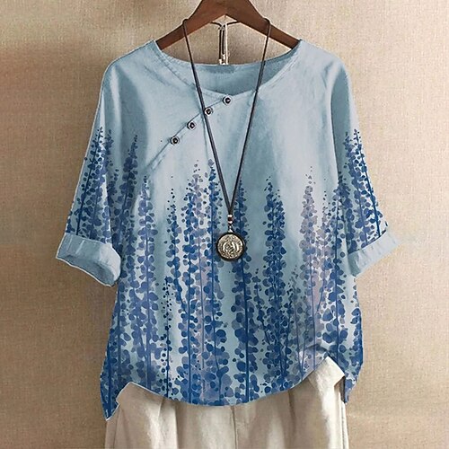 

Women's Plus Size Tops T shirt Tee Floral Graphic Print 3/4 Length Sleeve Crewneck Casual Daily Going out Polyester Fall Spring Green Blue
