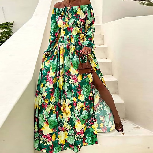 

Women's A Line Dress Swing Dress Maxi long Dress Green Purple Fuchsia Long Sleeve Floral Backless Split Cold Shoulder Fall Winter Strapless Fashion Modern 2022 S M L XL XXL 3XL / Print