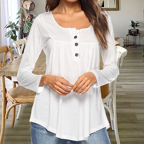 

Women's T shirt Tee Plain Casual Weekend T shirt Tee Long Sleeve Flowing tunic Button U Neck Basic White S