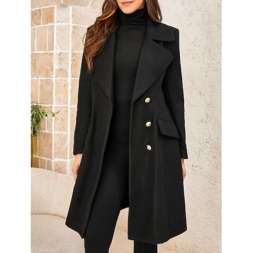 

Women's Coat School Office Work Winter Fall Long Coat Regular Fit Lightweight Stylish Simple Comfortable Jacket Long Sleeve non-printing Solid Color Quick Dry Black