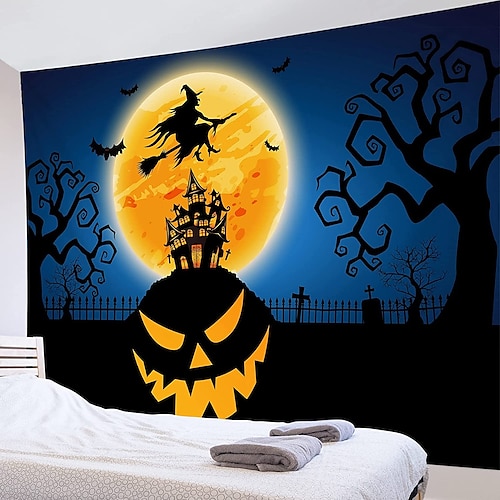 

Halloween Party Holiday Wall Tapestry Art Decor Blanket Curtain Picnic Tablecloth Hanging Home Bedroom Living Room Dorm Decoration Psychedelic Pumpkin Haunted Scary House Polyester