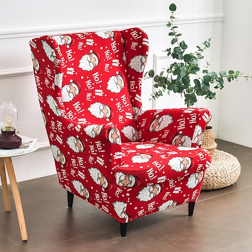 

1 Set of 2 Pieces Stretch Wingback Chair Cover Wing Chair Slipcovers Spandex Fabric Christmas Santa Claus Printed Wingback Armchair Covers with Seat Pad Cushion Cover for IKEA STRANDMON Chair