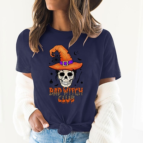 

Women's T shirt Tee Basic Print Halloween Basic Round Neck T-shirt Sleeve Standard Summer Wine Red pea green Pink Dark Blue Army Green