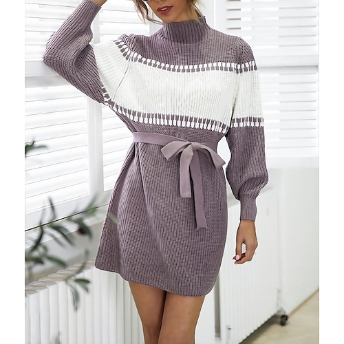 

Women's Sweater Dress Winter Dress Shift Dress Purple Gray Black Long Sleeve Geometric Patchwork Knit Winter Fall Stand Collar Turtleneck Fashion Stylish Modern Fit 2022 S M L XL Winter Dress