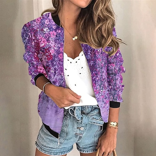 

Women's Casual Jacket Windproof Warm Outdoor Street Daily Vacation Zipper Print Zipper Stand Collar Casual Street Style Flower Regular Fit Outerwear Long Sleeve Winter Fall Green Blue Purple S M L XL