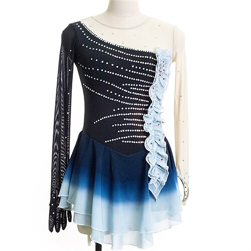 

Figure Skating Dress Women's Girls' Ice Skating Dress Black Blue Thumbhole High Elasticity Training Competition Skating Wear Crystal / Rhinestone Long Sleeve Ice Skating Figure Skating / Winter