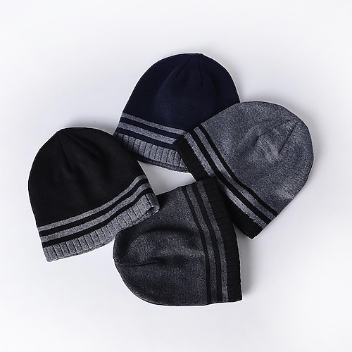 

Men's Hat Beanie / Slouchy Black Charcoal Grey Navy Blue Outdoor Dailywear Knitted Stripe Windproof Warm Breathable