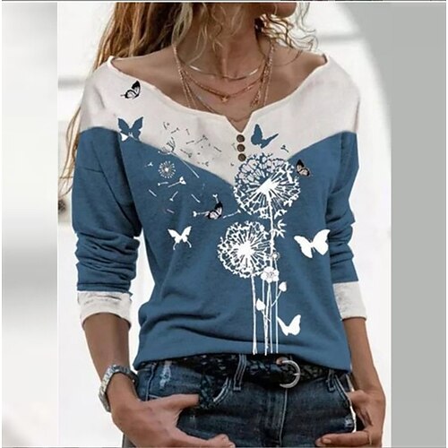 

Women's T shirt Tee Blue Gray Black Butterfly Dandelion Button Print Long Sleeve Casual Weekend Basic V Neck Regular Floral Butterfly Painting S / 3D Print