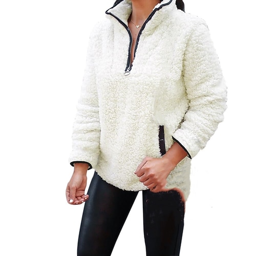 

Wubby Fleeze Pullover Women's Half Zipper Sweater Pocket Long Sleeve Plush Oversized Sweater