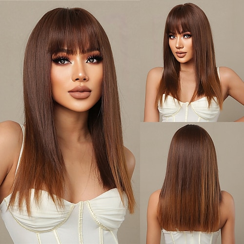 

Synthetic Wig kinky Straight Neat Bang Machine Made Wig 22 inch Dark Brown Synthetic Hair Women's Brown