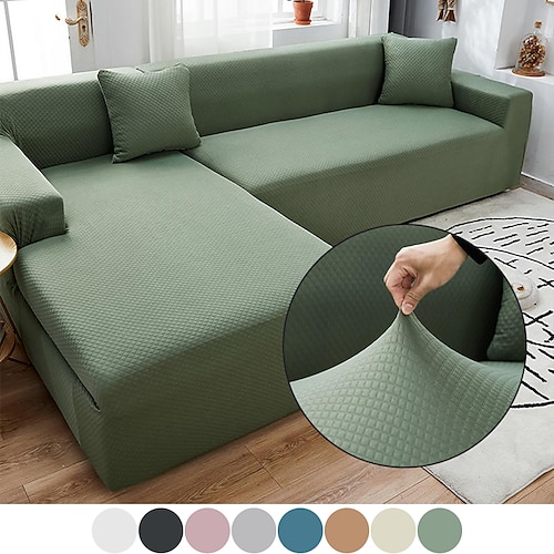 

Stretch Sofa Cover Slipcover Elastic Sectional Couch Armchair Loveseat 4 or 3 seater L shape Grey Plain Solid Soft Durable Washable