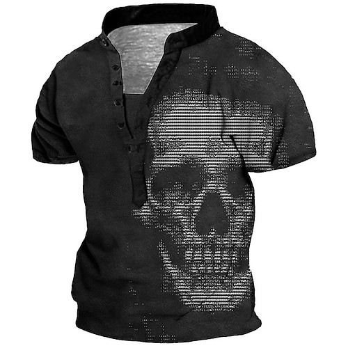 

Men's T shirt Tee Henley Shirt Tee Graphic Skull Stand Collar Black Short Sleeve 3D Print Plus Size Outdoor Daily Button-Down Print Tops Basic Designer Casual Big and Tall / Summer / Summer / Sports