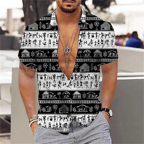 

Men's Shirt Tribal Turndown Black Short Sleeves 3D Print Outdoor Street Button-Down Print Tops Vintage Designer Ethnic Style Casual / Summer / Spring / Summer